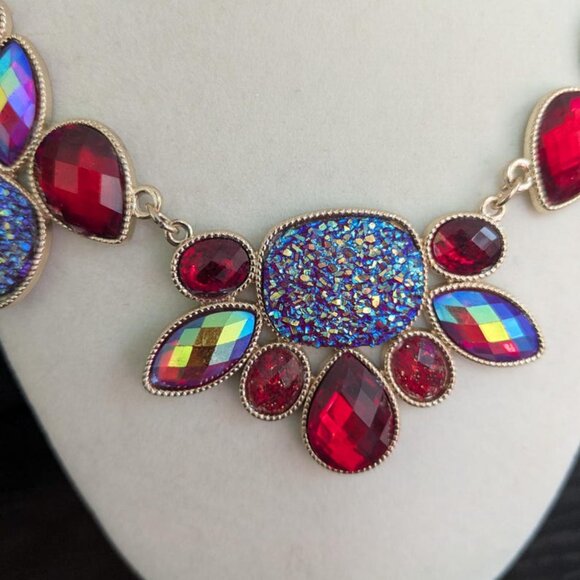 Multicolor Glass Beads Necklace - Fashion Statement Jewelry, Gold Tone Chain - Picture 6 of 6